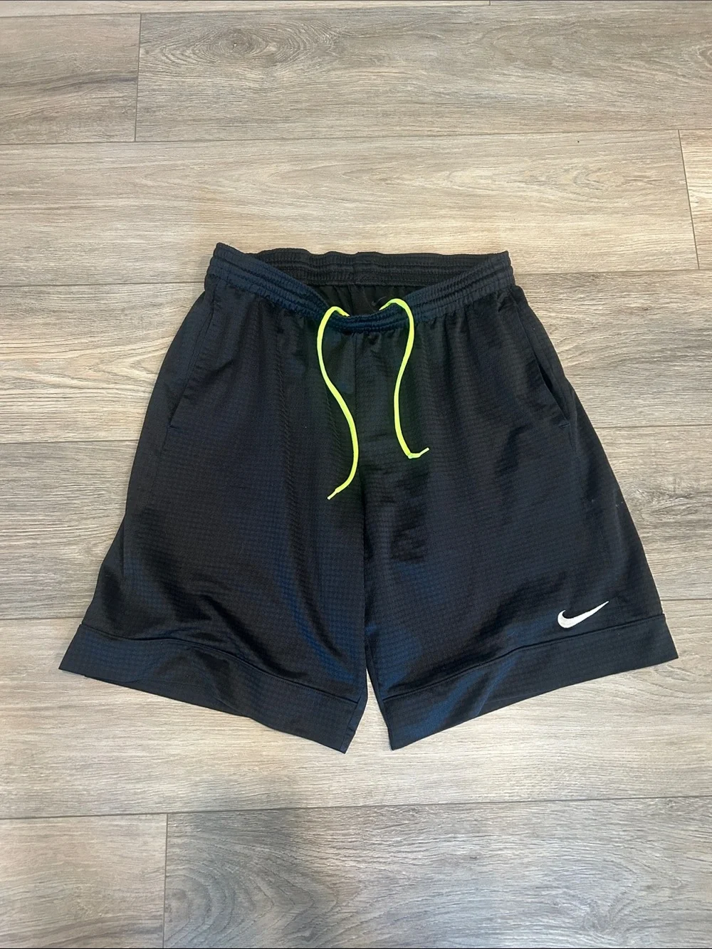 Nike Men’s Black Athletic Shorts with Neon Yellow Drawstring Size Large